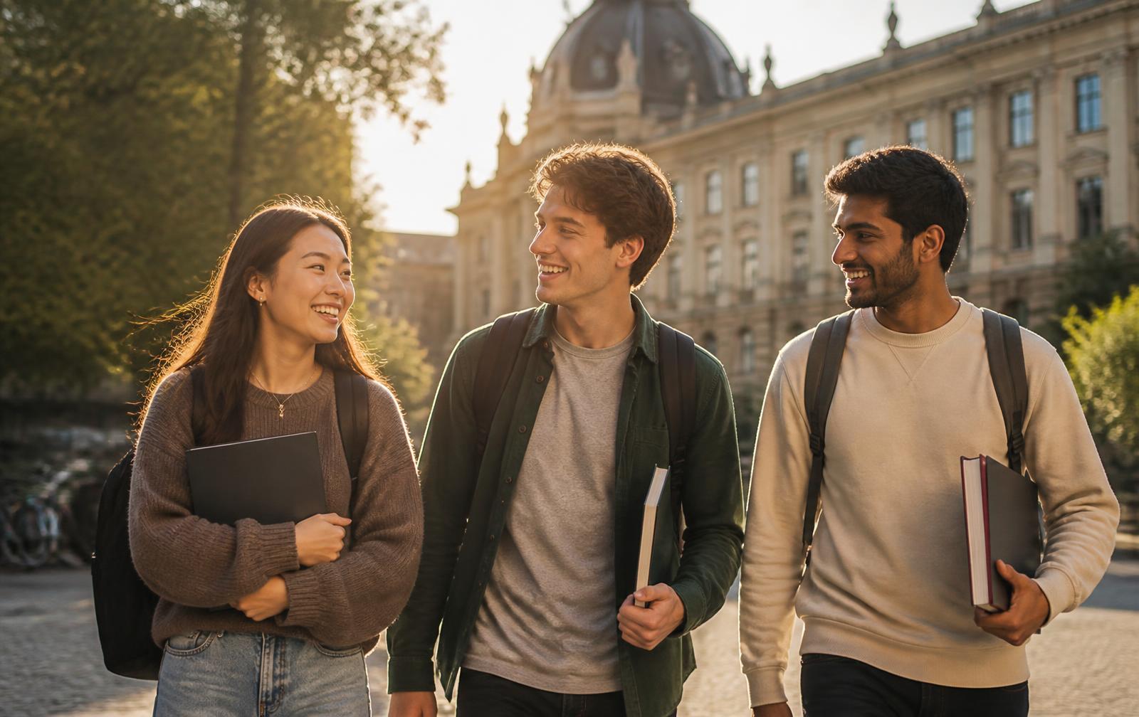 Étudiants internationaux souriants sur un campus européen